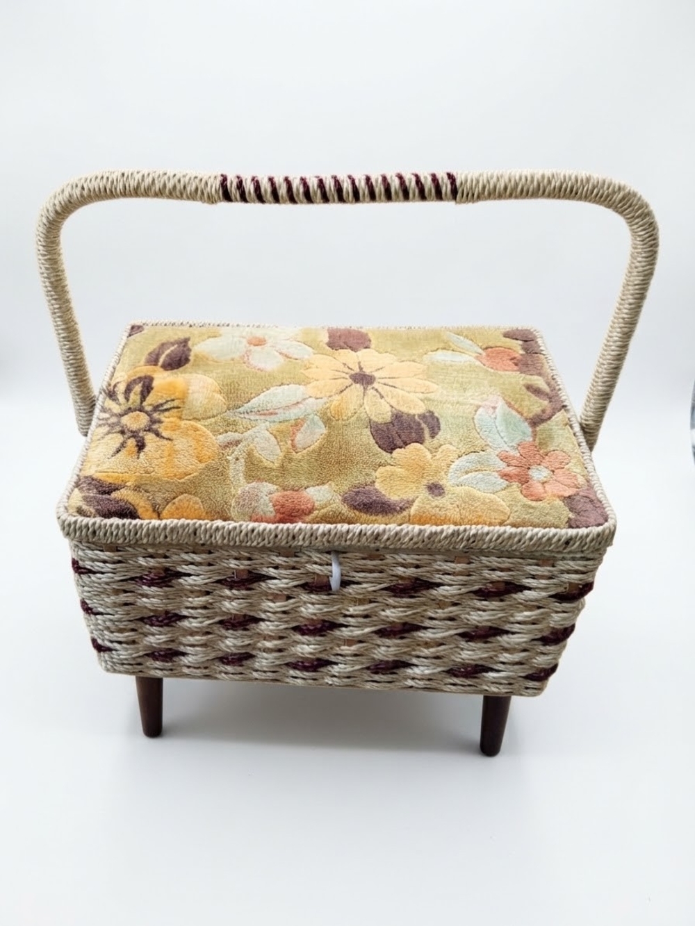 Vintage 1960s Singer Woven Wicker Floral Sewing Basket with Wooden Legs